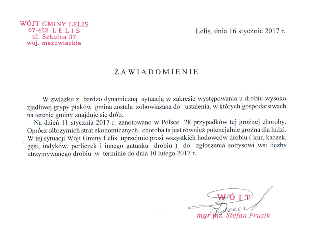 Zawiadomienie w sprawie spisu drobiu