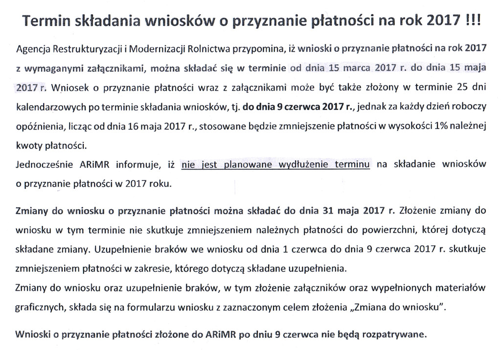 Termin składania wniosków o przyznanie płatności na rok 2017