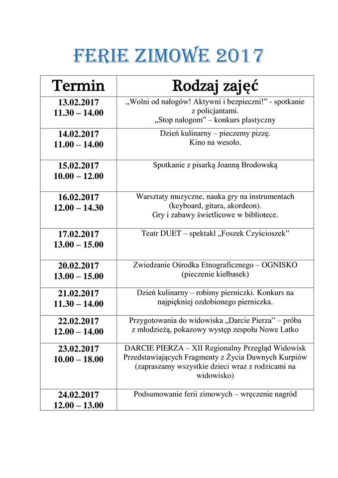 Harmonogram zajęć na czas ferii zimowych 2017 w CK-BiS