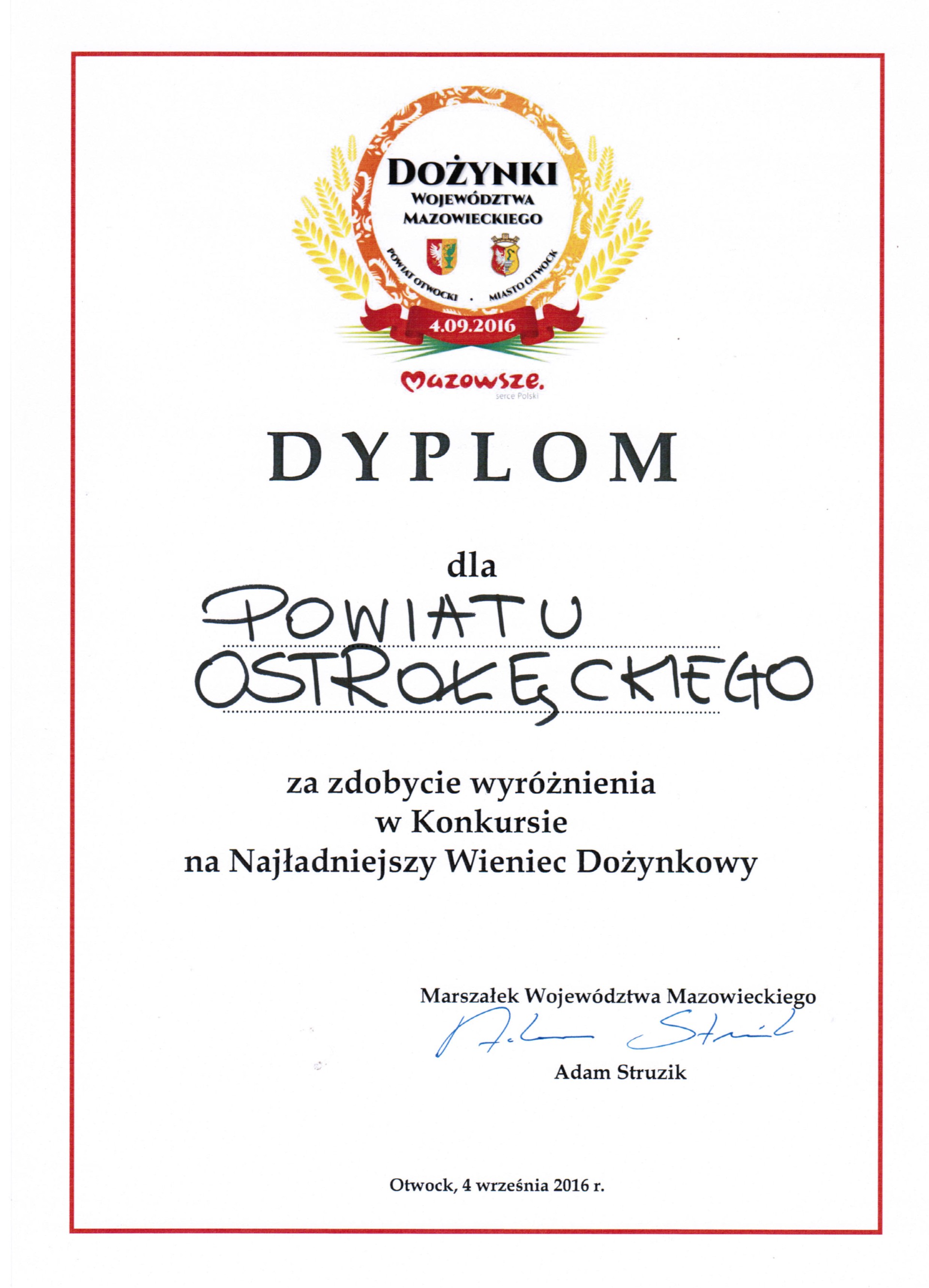 Dyplom dla powiatu ostrołęckiego za zdobycie wyróżnienia w Konkursie na Najładniejszy Wieniec Dożynkowy