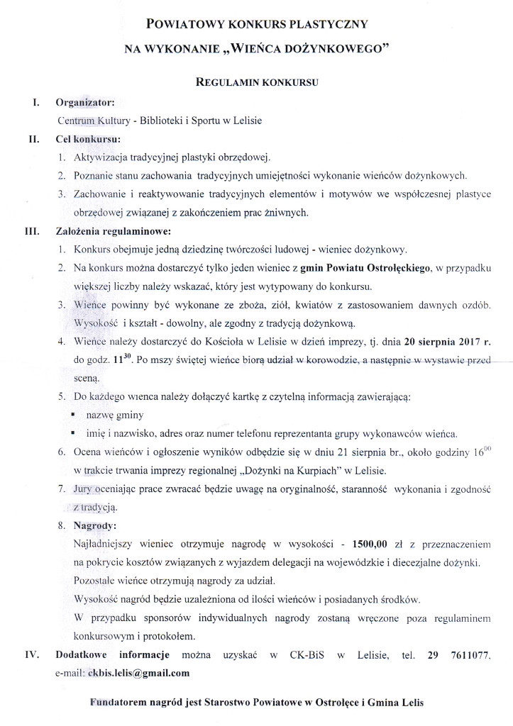 Regulamin konkursu plastycznego na wykonanie "Wieńca Dożynkowego" 2017