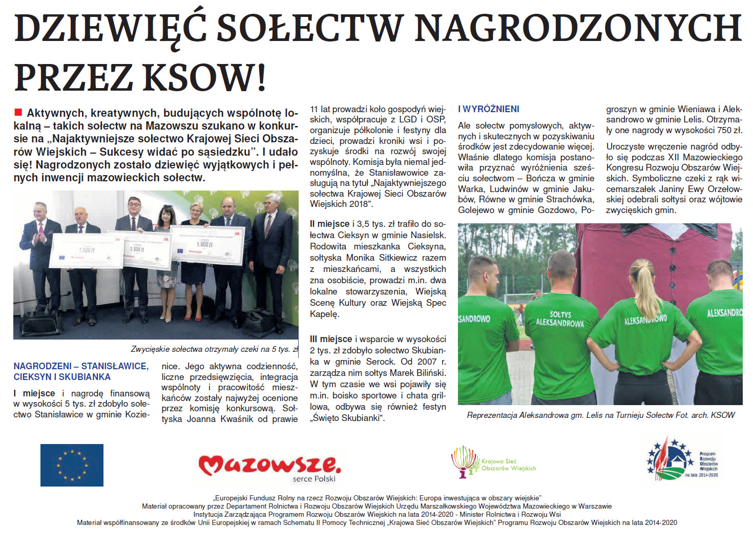 Wyróżnienie dla Aleksandrowa w konkursie „Najaktywniejsze sołectwo Krajowej Sieci Obszarów Wiejskich – Sukcesy widać po sąsiedzku”.