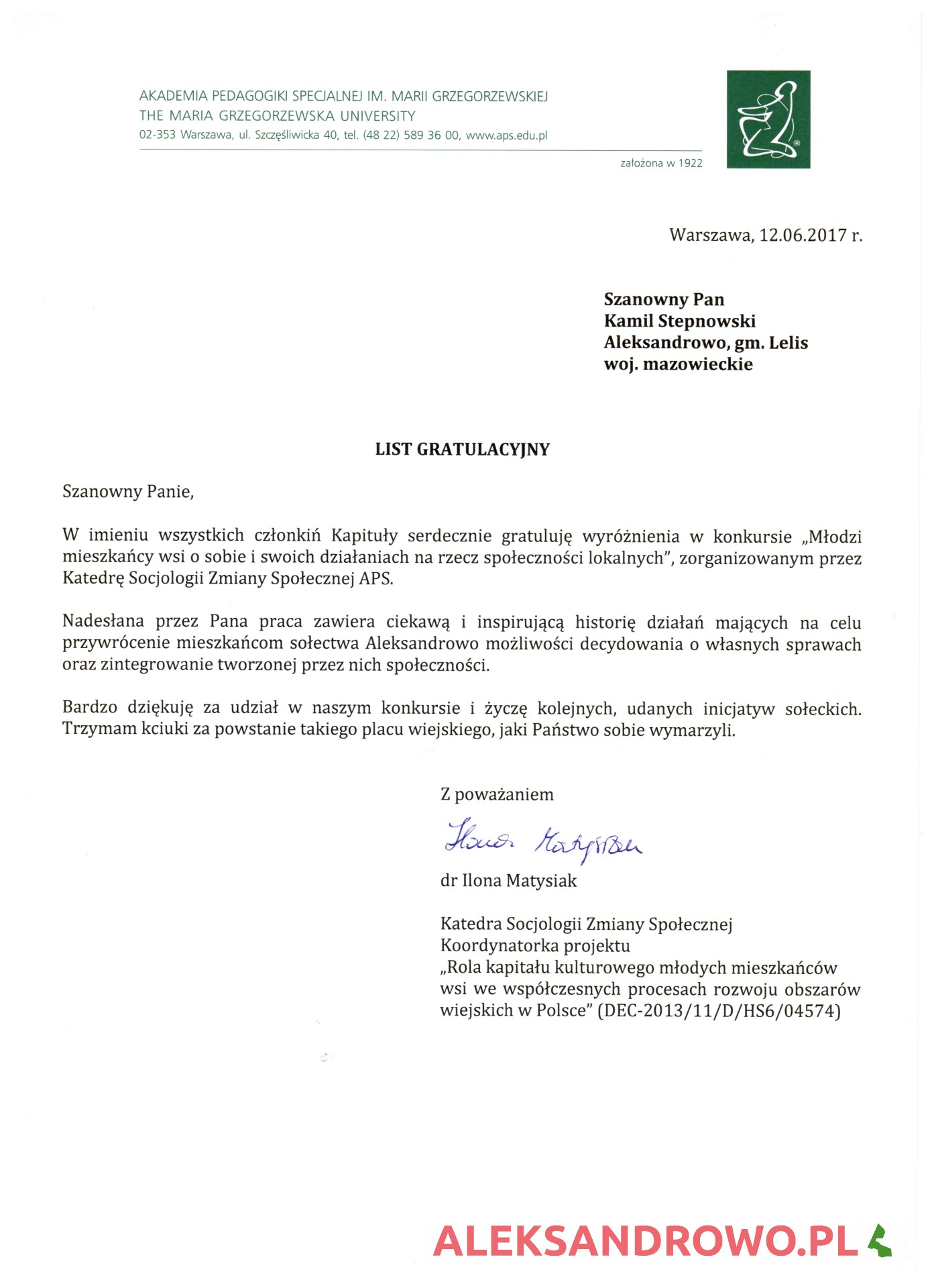 List gratulacyjny "Młodzi mieszkańcy wsi o sobie i swoich działaniach na rzecz społeczności lokalnych"