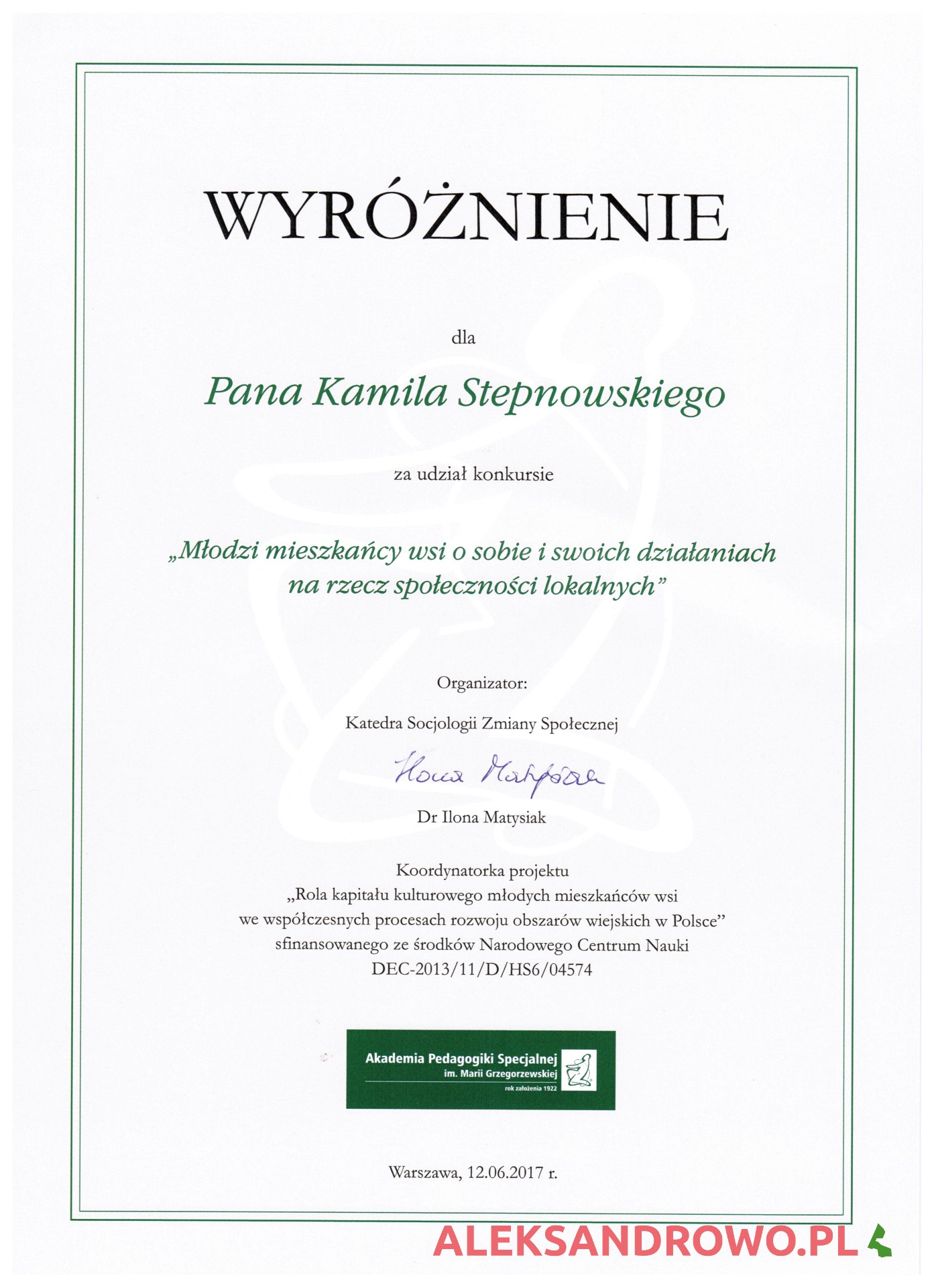 Dyplom "Młodzi mieszkańcy wsi o sobie i swoich działaniach na rzecz społeczności lokalnych"