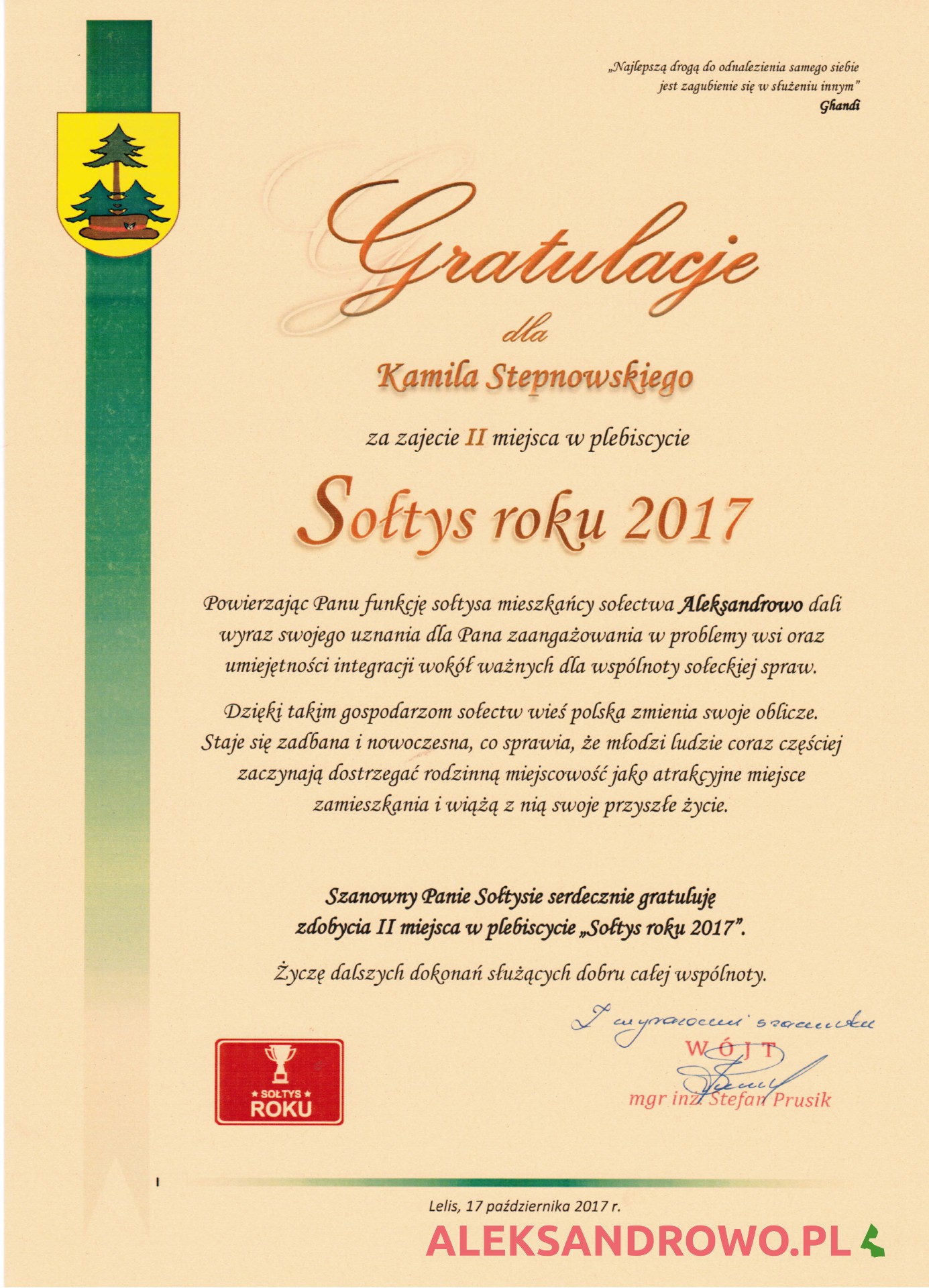 Dyplom od wójta gminy Lelis