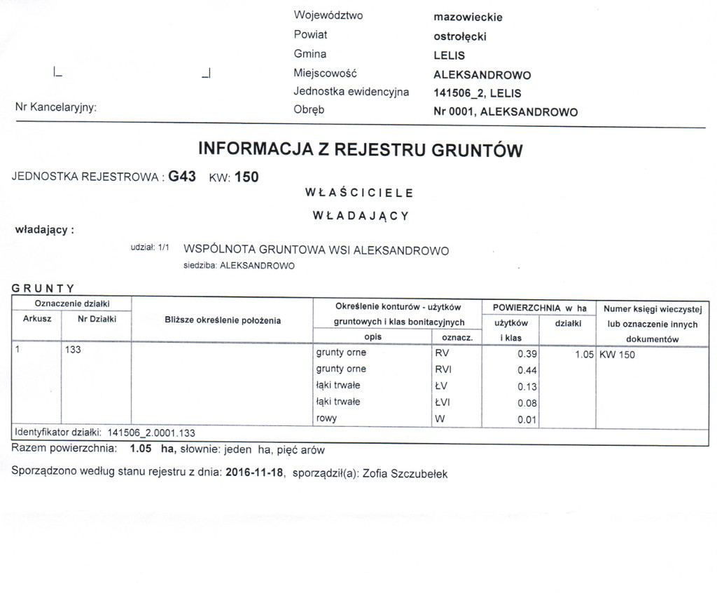 Informacja z rejestru gruntów, wspólnota wsi Aleksandrowo