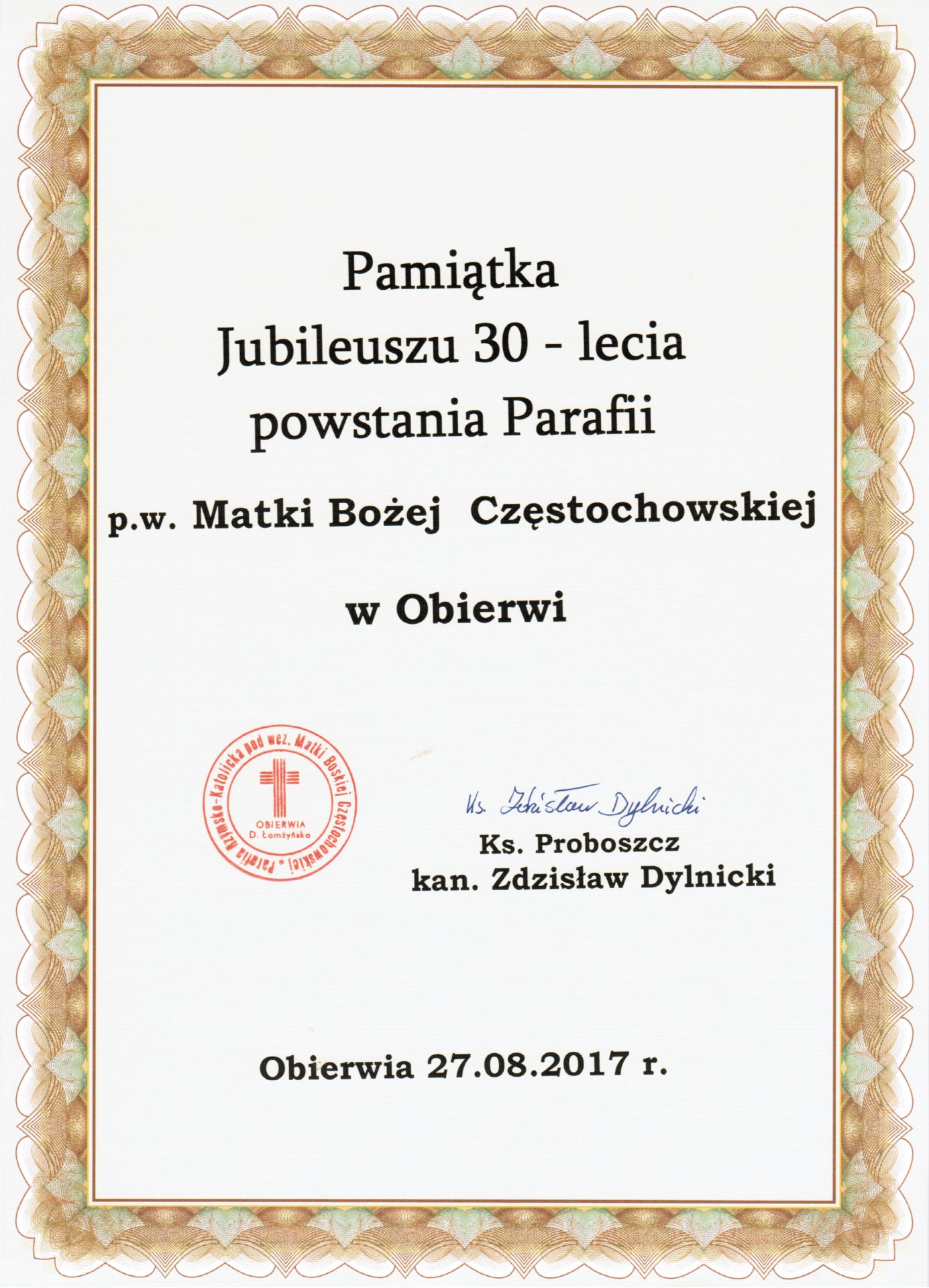 Pamiątka 30-lecia powstania Parafii w Obierwi