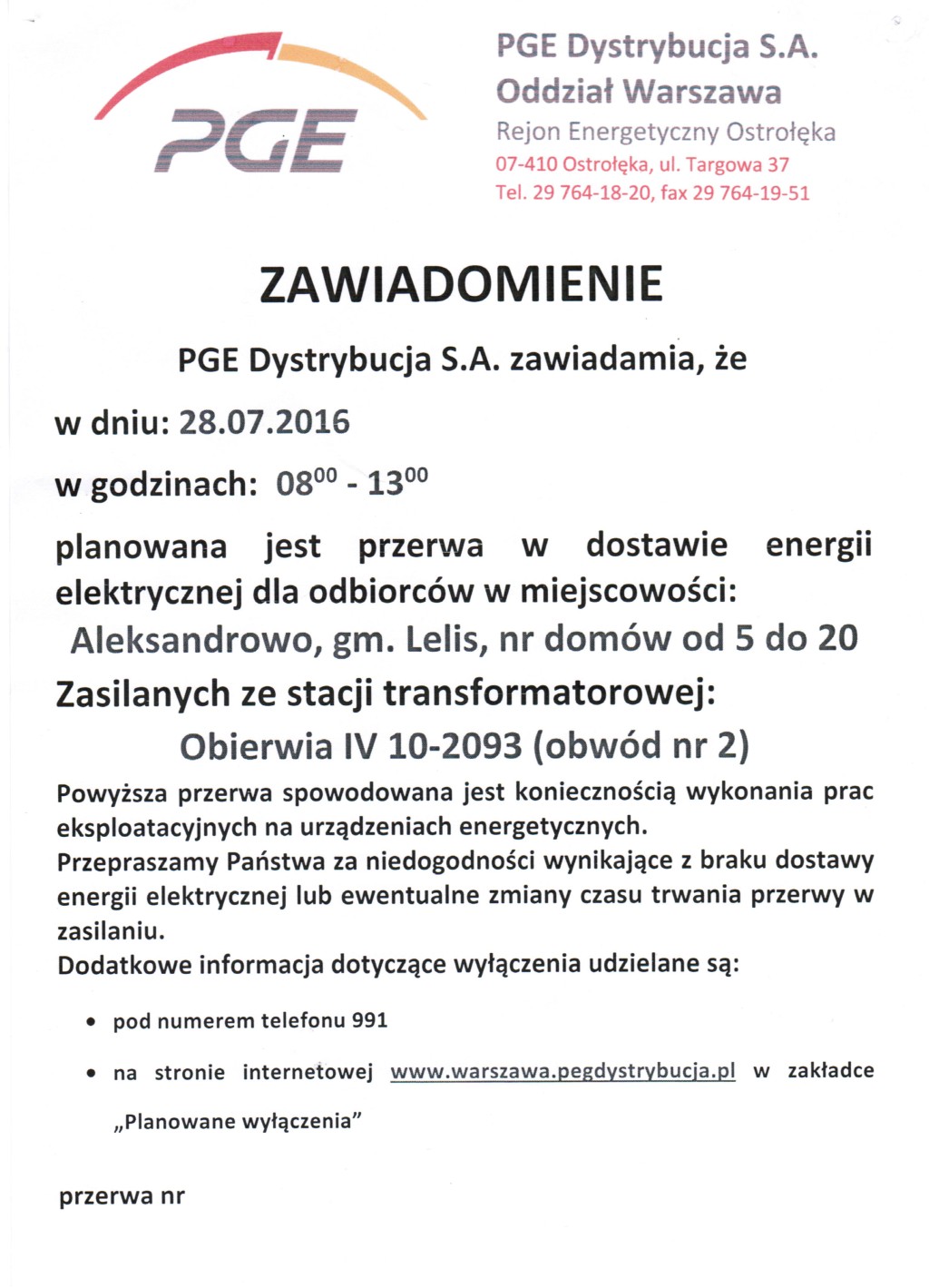 Planowane wyłączenie prądu w Aleksandrowie, 28.07.2016