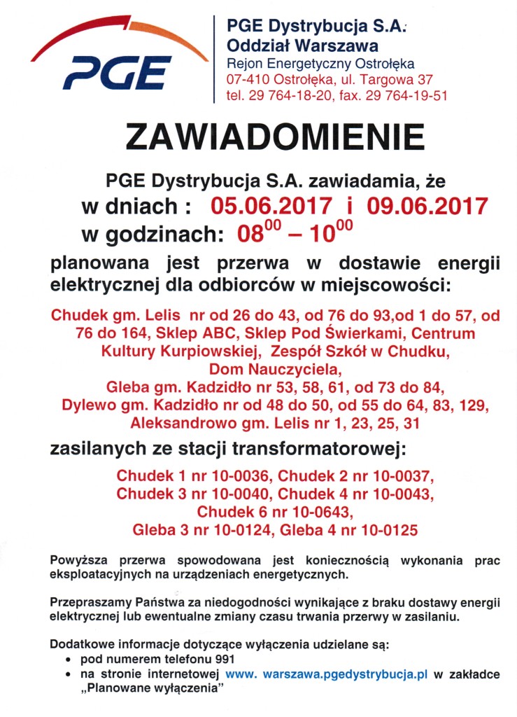 Brak prądu w dniu 5 i 9 czerwca 2017