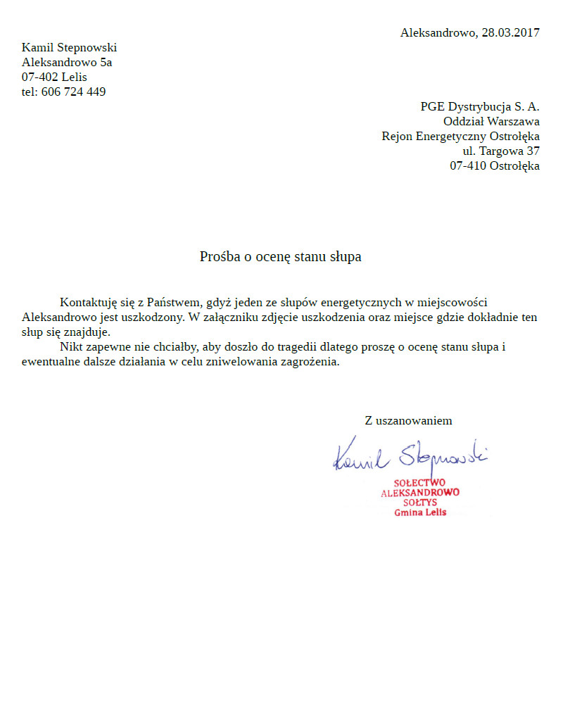 Pismo do PGE o interwencję w sprawie oceny stanu słupa