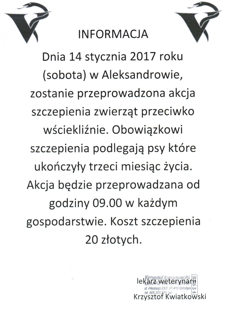 Szczepienie psów w Aleksandrowie w dniu 14 stycznia 2017