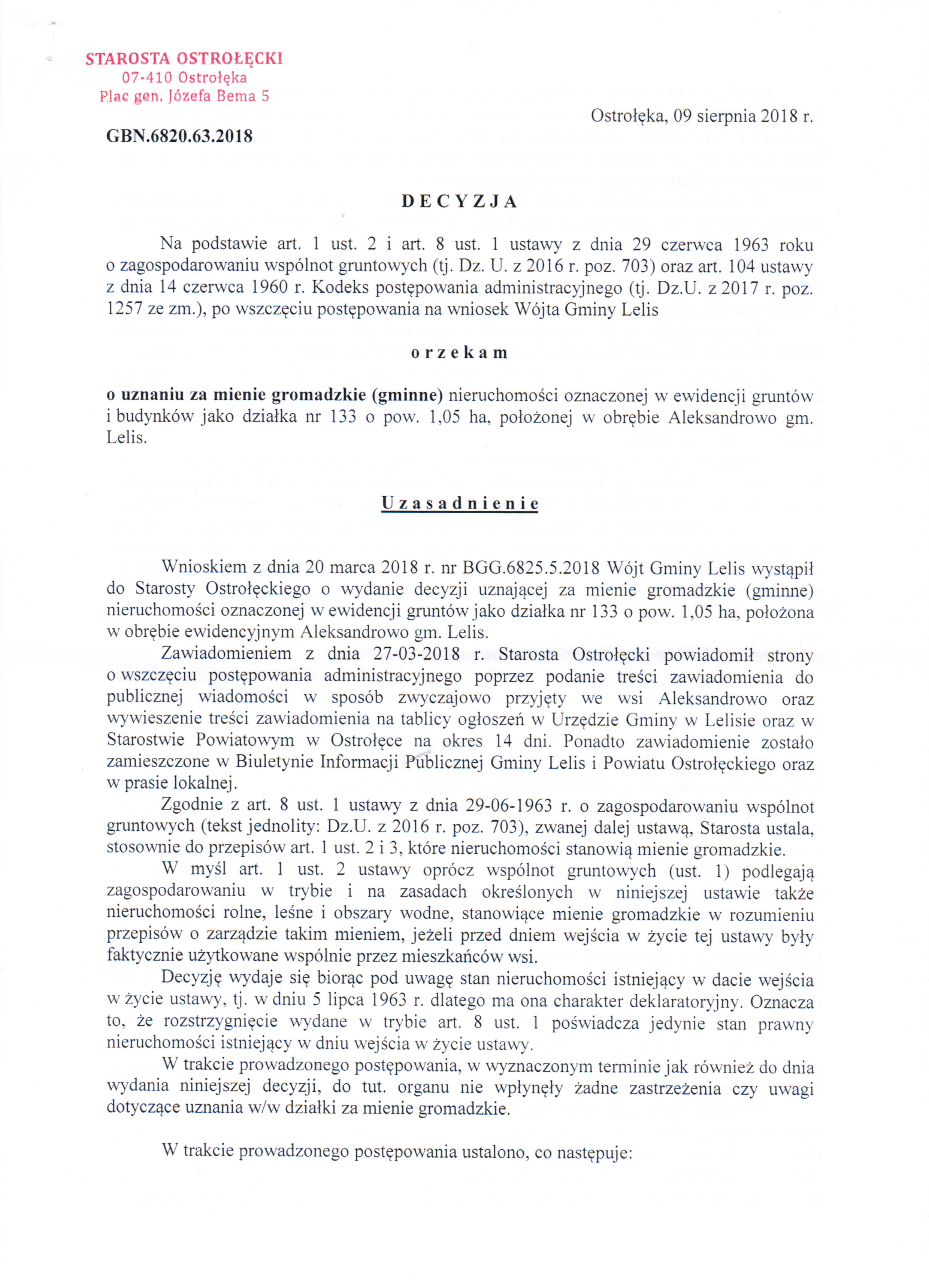 Decyzja o uznanie działki nr 133 za mienie gromadzkie cz.1