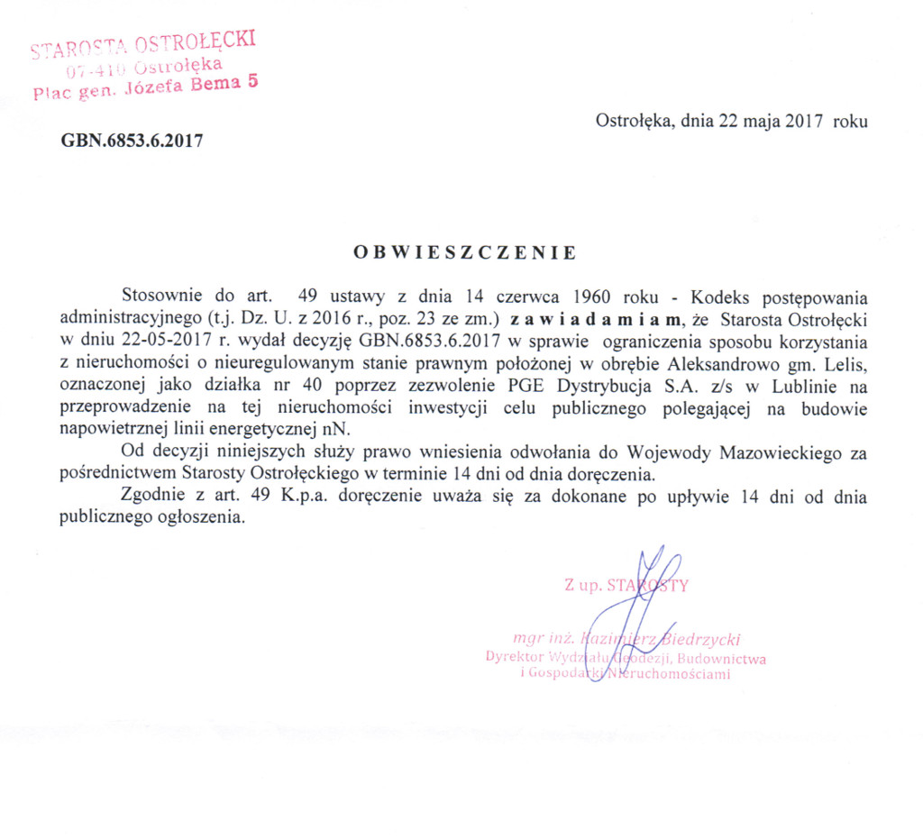 Ogłoszenie Starosty Ostrołęckiego z dnia 22 maja 2017