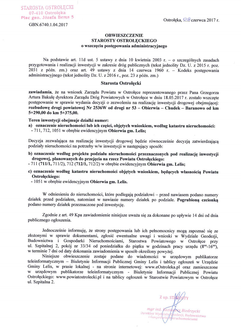 Obwieszczenie Starosty Ostrołęckiego o wszczęciu postępowania