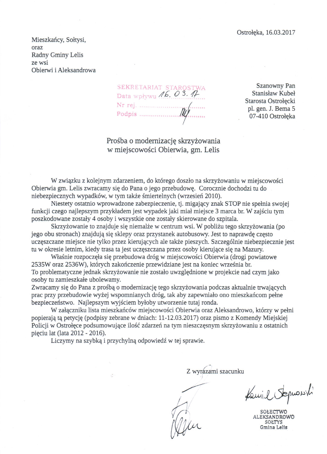 Pismo złożone Staroście Ostrołęckiemu w dniu 16.03.2017
