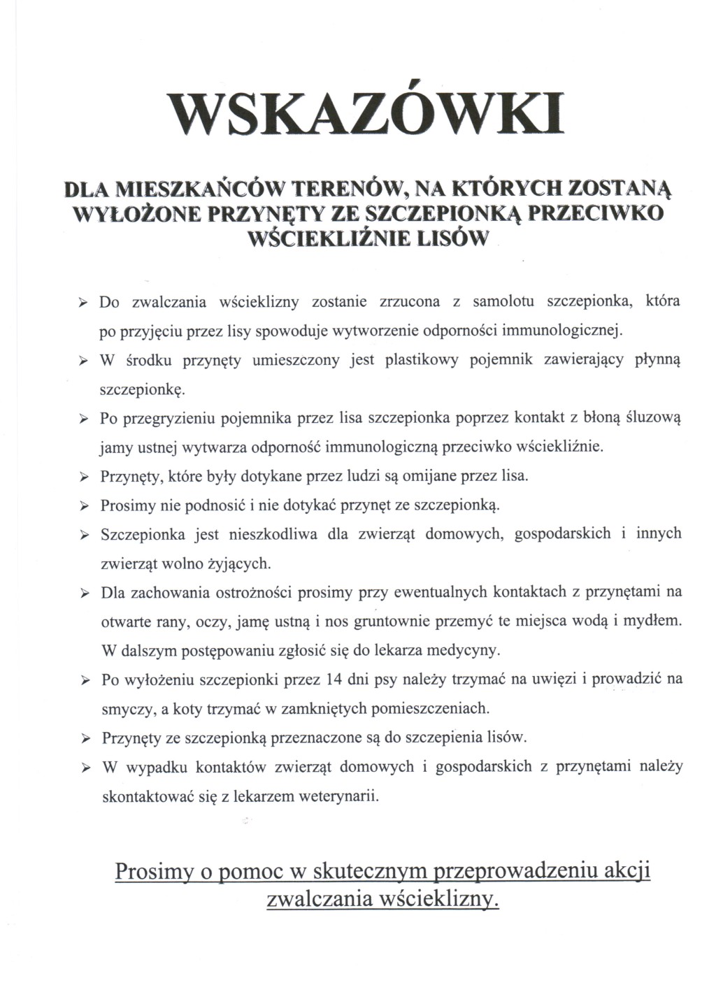 Wskazówki dla mieszkańców terenów, na których wyłożono przynęty ze szczepionką